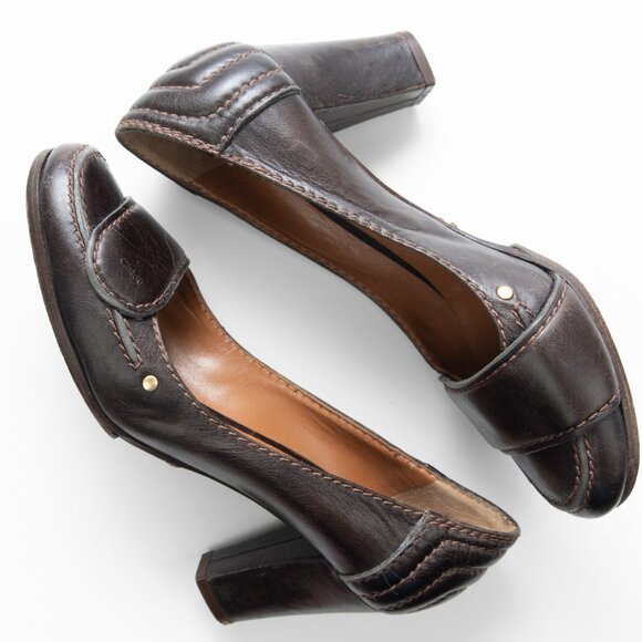Chloe Leather Pumps Block Heel Shoes Made In Italy Brown Size 36 - Picture 3 of 10